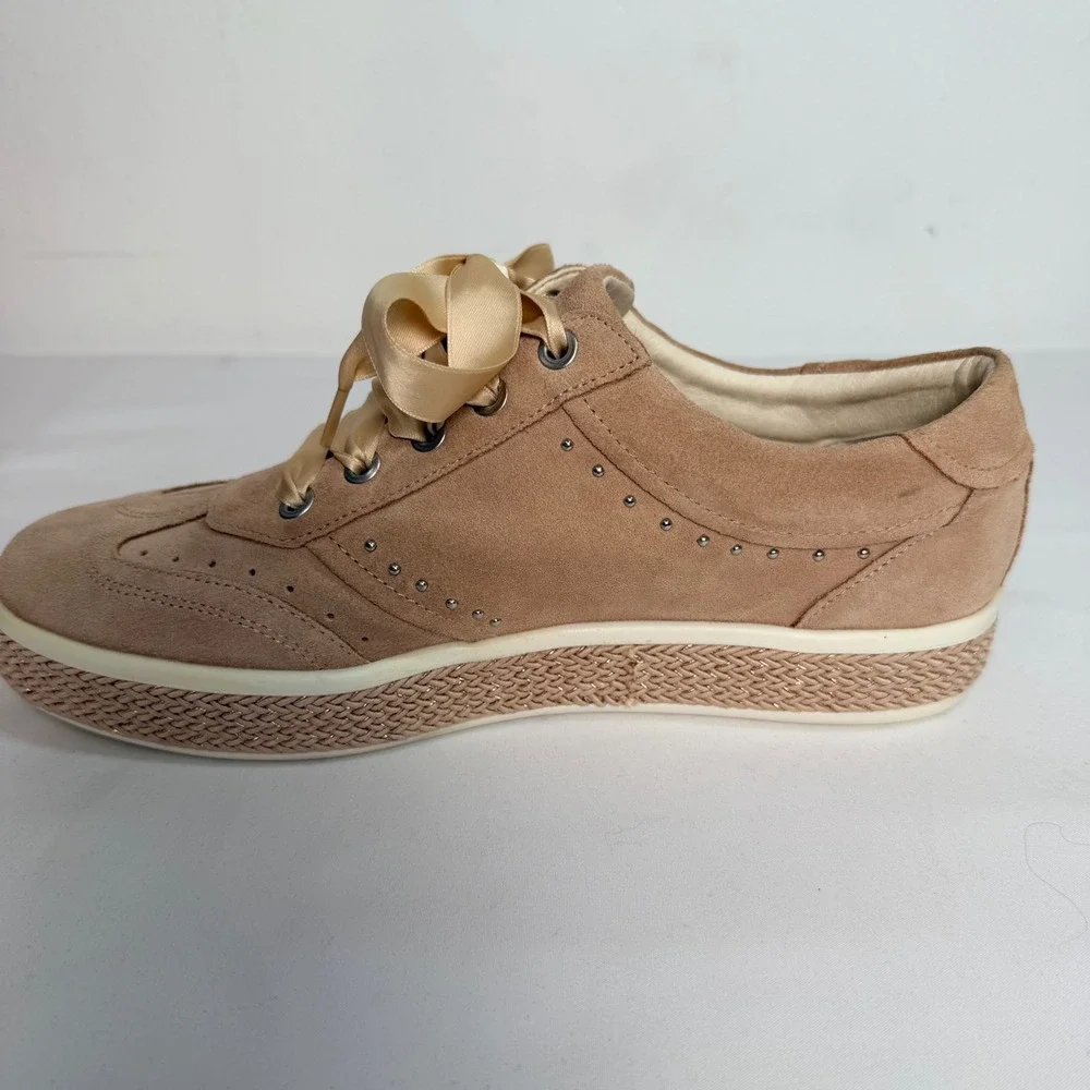 Geox Respira Taupe Suede Satin Ribbon Lace Studded Sneakers Womens 9 39